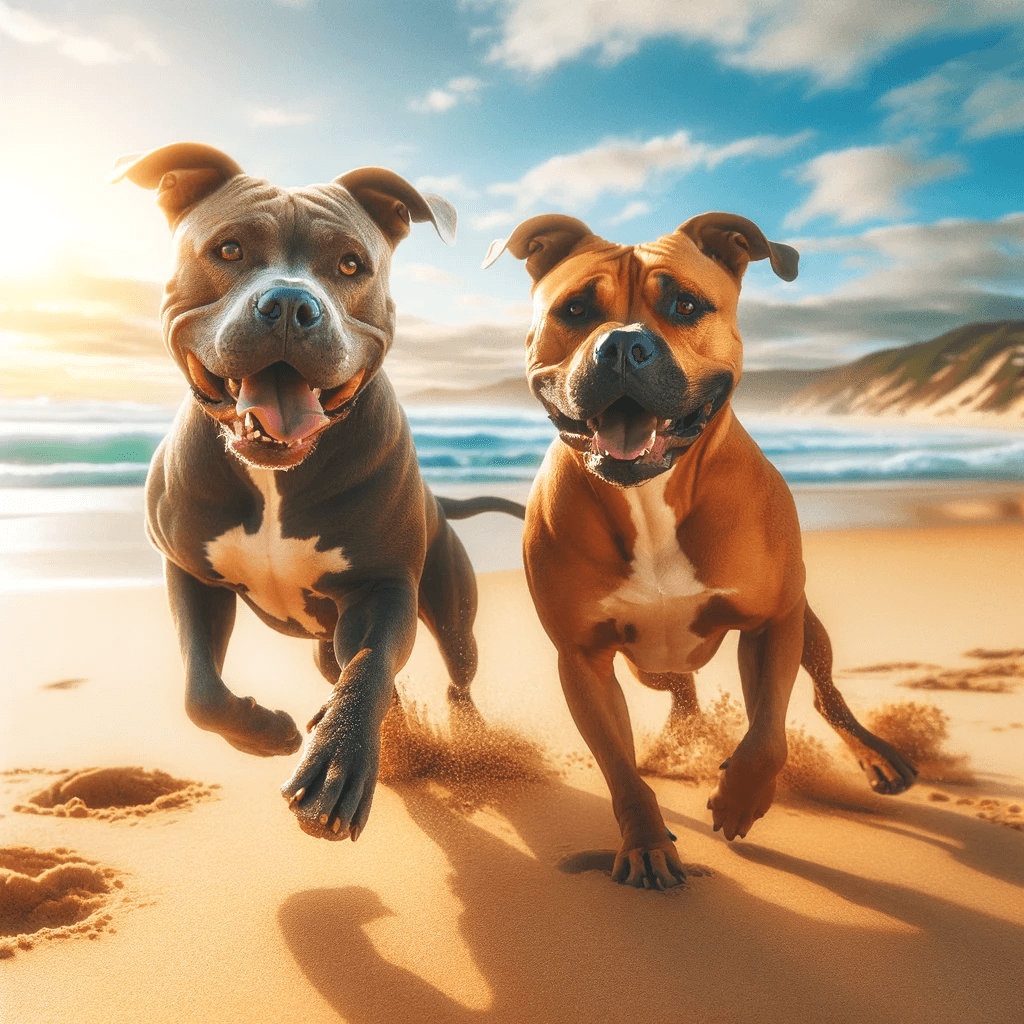 A sunny beach scene with two pitbulls playing together. The beach has golden sand and a clear blue sky overhead. The dogs are energetically engaged in